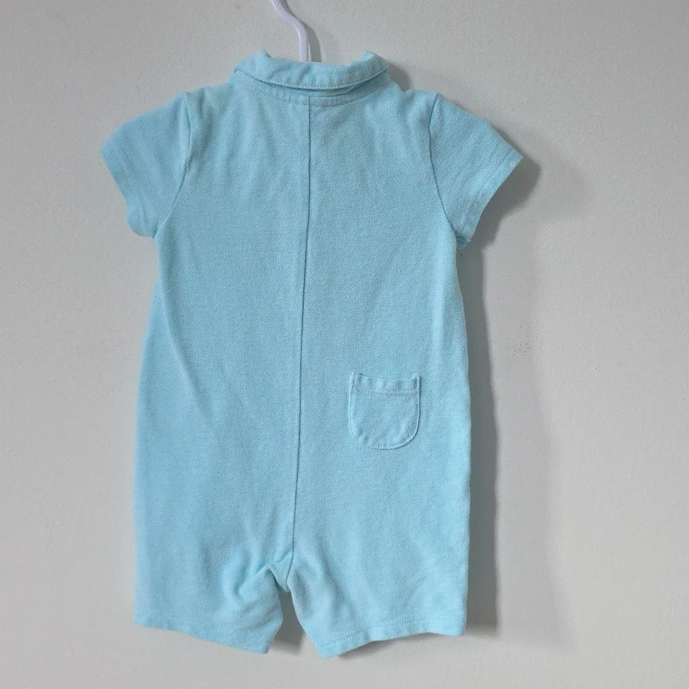 Janie and Jack baby boy's pique polo romper in light blue cotton with a flamingo